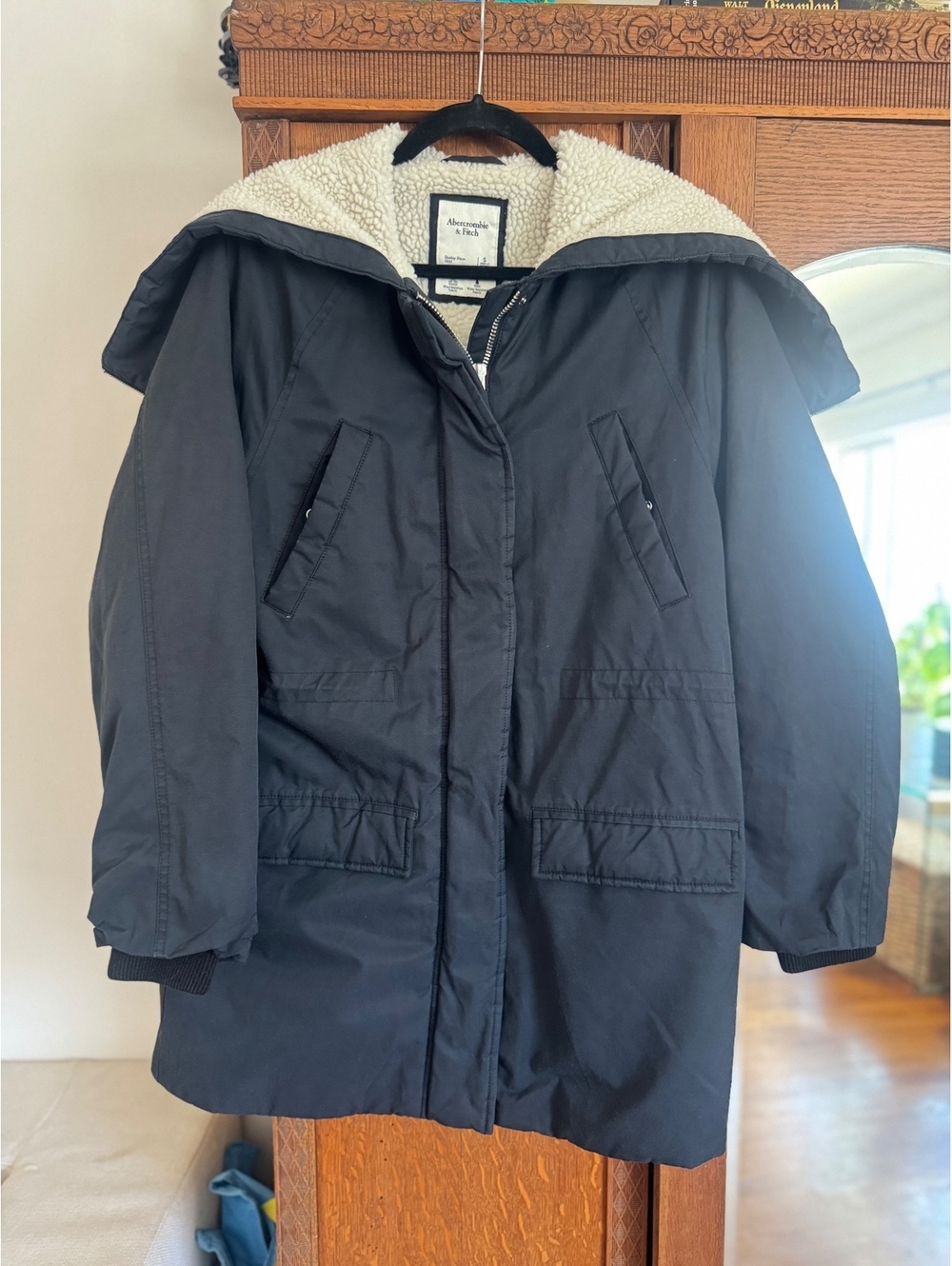 Y2K Abercrombie & Fitch Parka Jacket Womens S Black Sherpa Lined Hooded Coat